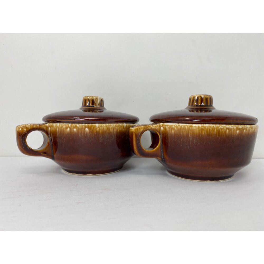 Set of 2 Vintage Hull Oven Proof USA With Handle and Lid Brown Drip Glaze 8 Oz - Picture 3 of 13